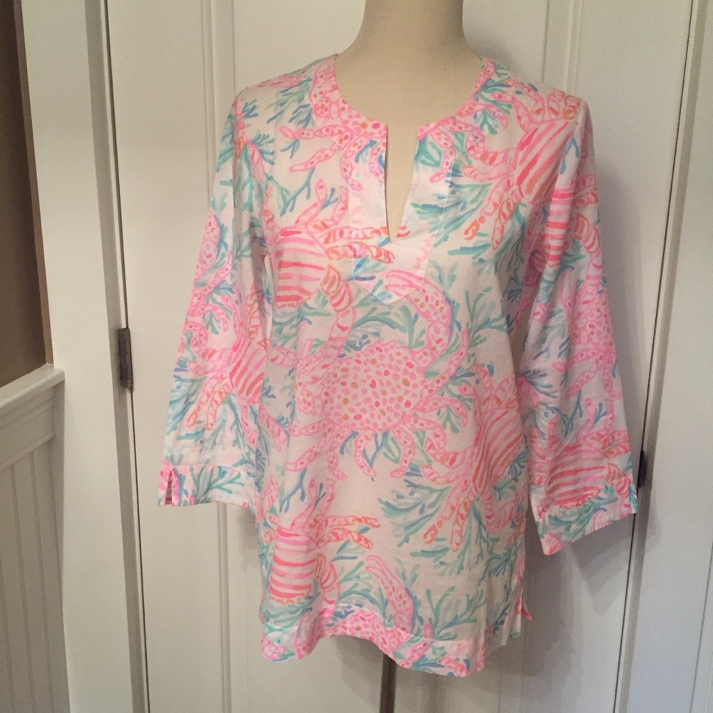 LILLY PULITZER TOP TUNIC WHITE PINK CRAB CORAL PRINT Size S